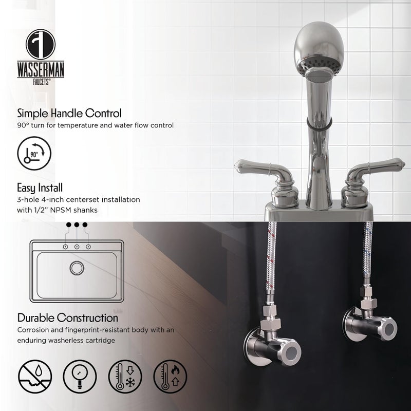 Wasserman Faucets Wasserman 2 Handle Utility/Laundry/Shop Sink Faucet with Pull Out Sprayer in Chrome, Non-Metallic ABS Plastic, 4" Centerset for Laundry Room, Garage, Mud Room, RV - Image 4